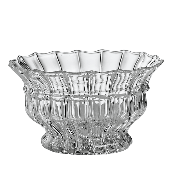 Clear glass bowl with textured design on a white background