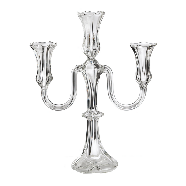 Clear glass candelabra on a white background. Gabriela Seres designed and handmade in Bucharest