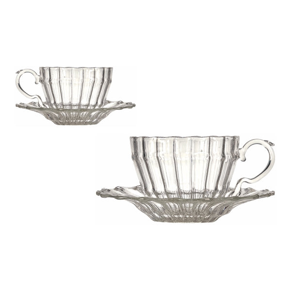 William Teacup and Saucer Set of 2 – hand-blown borosilicate glass with lined motif, designed by Gabriela Seres in Bucharest.