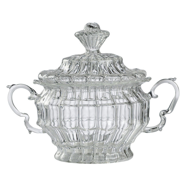 William Sugar Bowl – hand-blown borosilicate glass with lined pattern and domed lid, 175 × 90 × 125 mm, 350 ml, Gabriela Seres.