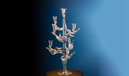 Tree of Life 7 Candles Candelabra – hand-blown optic borosilicate glass with organic tree-like arms and sculptural base, crafted in Bucharest by Gabriela Seres.