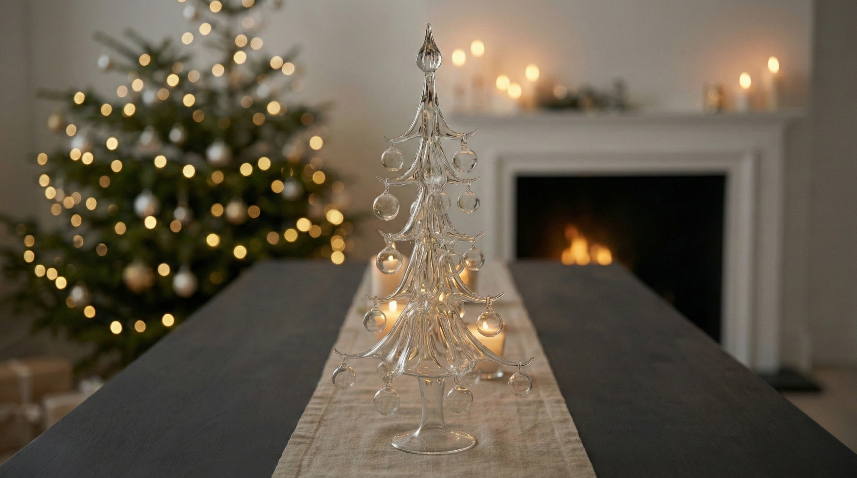 Winter Glow seasonal collection by Gabriela Seres – hand-blown glass candelabra, candleholders and Christmas trees glowing in soft winter light.
