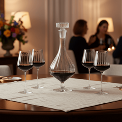 Wine glasses and decanter on a table with people in the background