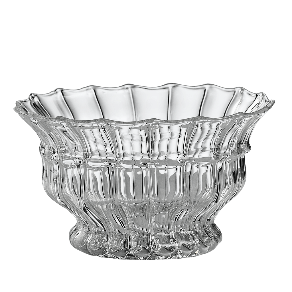 Clear glass bowl with textured design on a white background