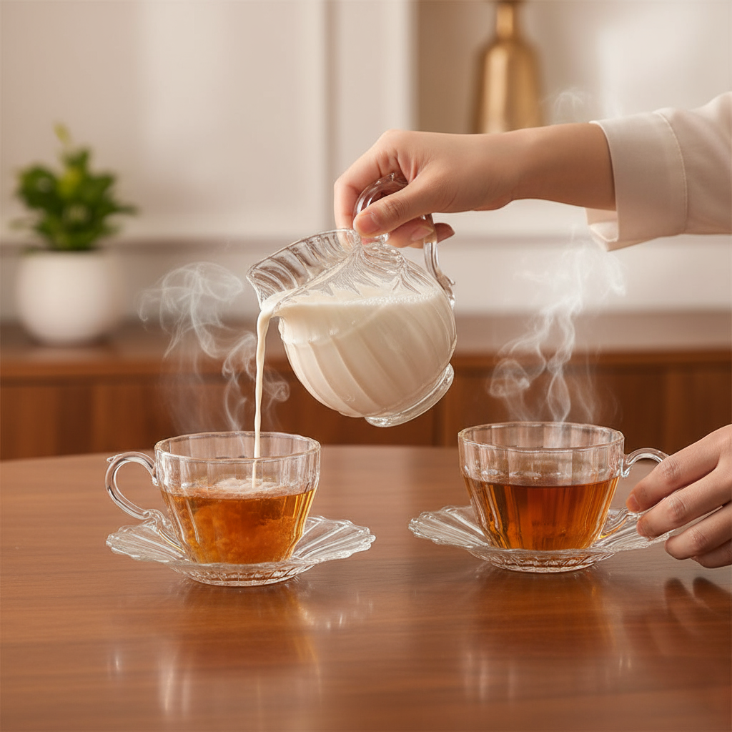 Person pouring milk into a steaming cup of tea on a wooden table.
