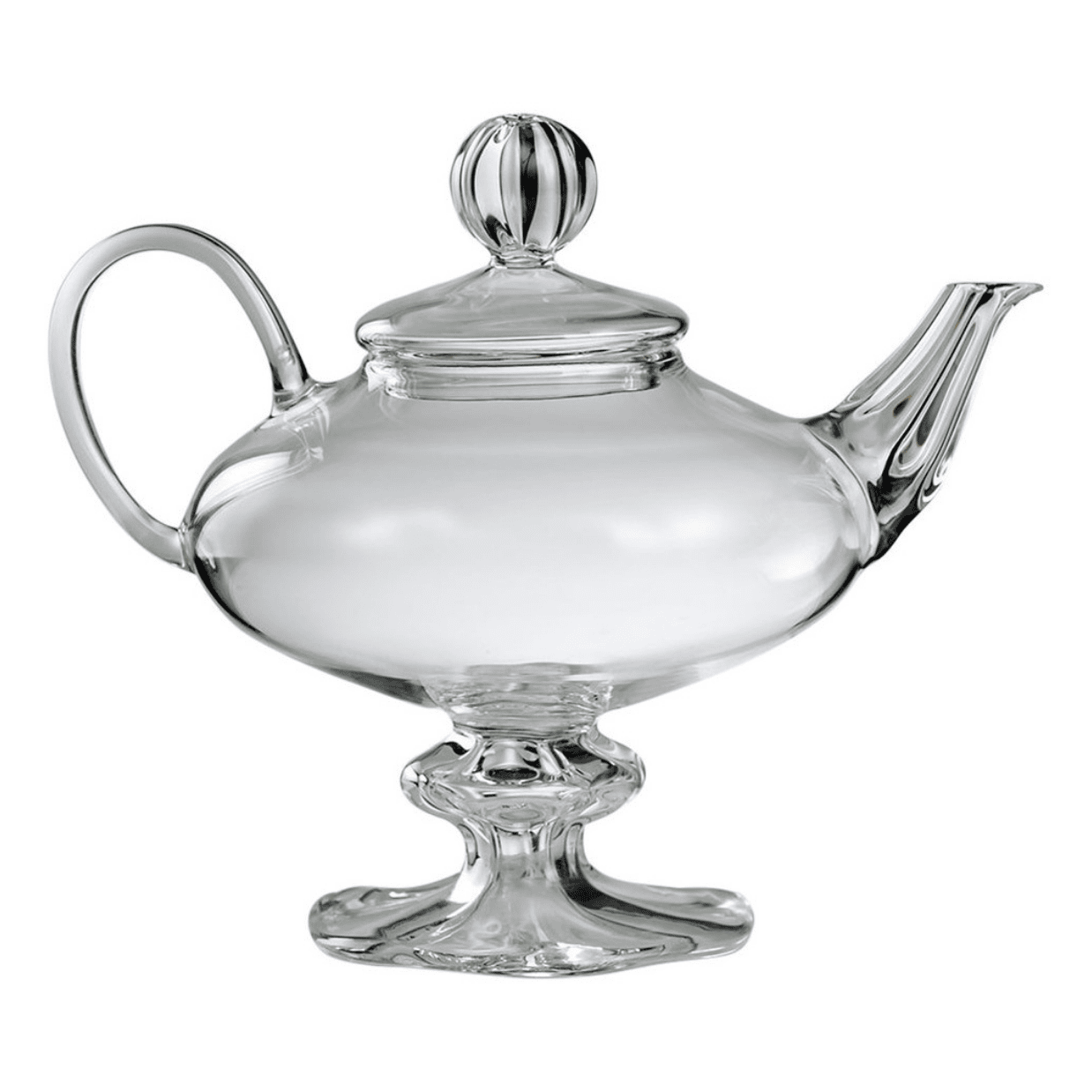 Clear glass teapot with a decorative lid on a white background