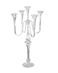 Clear glass candelabra on a white background. Handmade 5 candles candelabra in the Gabriela Seres Atelier