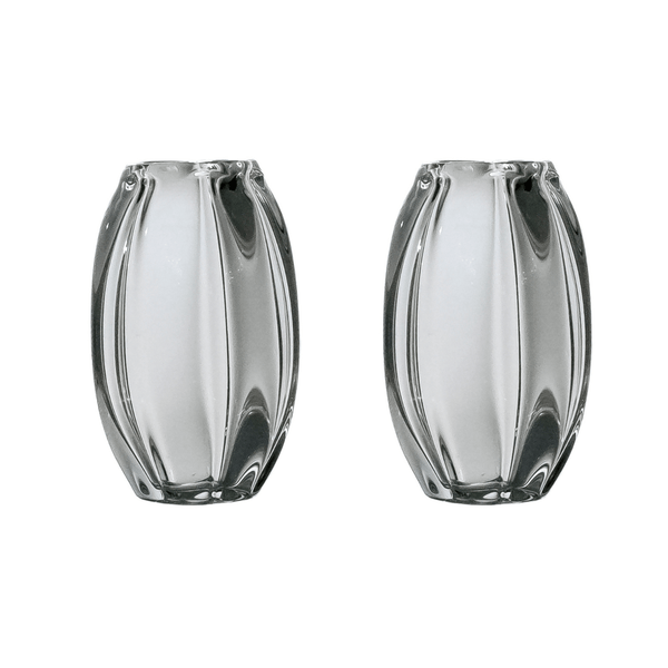 Blossom Candleholders (set of 2) – hand-blown optic borosilicate glass candleholders with petal-like facets, crafted in Bucharest by Gabriela Seres.