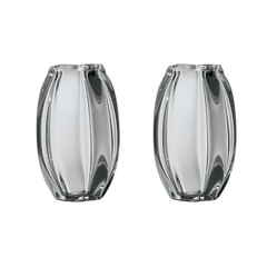 Blossom Candleholders (set of 2) – hand-blown optic borosilicate glass candleholders with petal-like facets, crafted in Bucharest by Gabriela Seres.