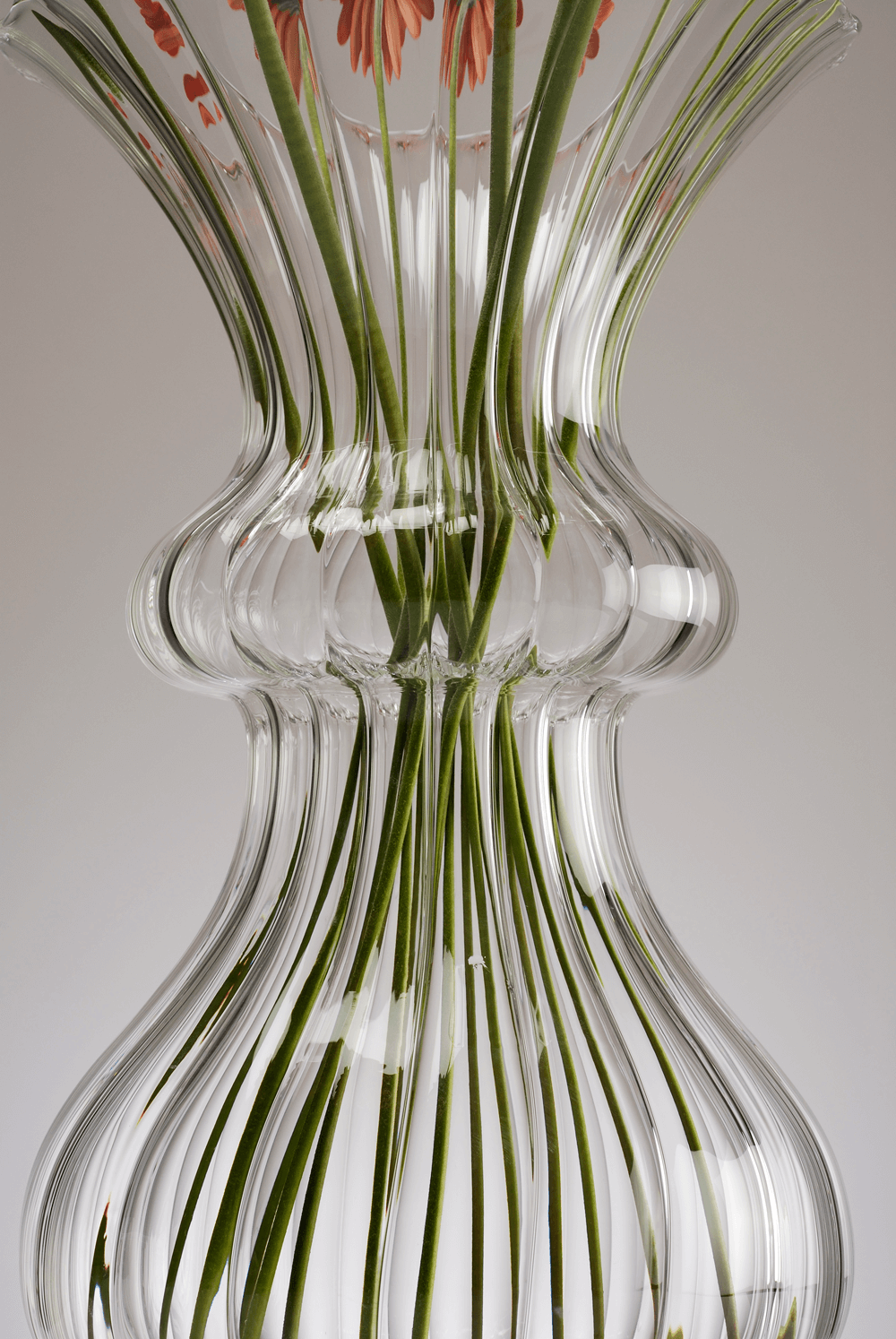 Inside of the vase detail with lines and flowers on grey background