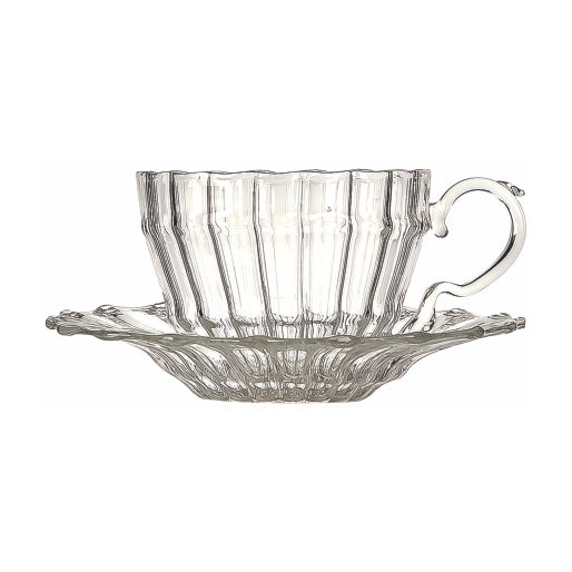 William Teacup and Saucer – hand-blown borosilicate glass with lined motif, designed by Gabriela Seres in Bucharest.