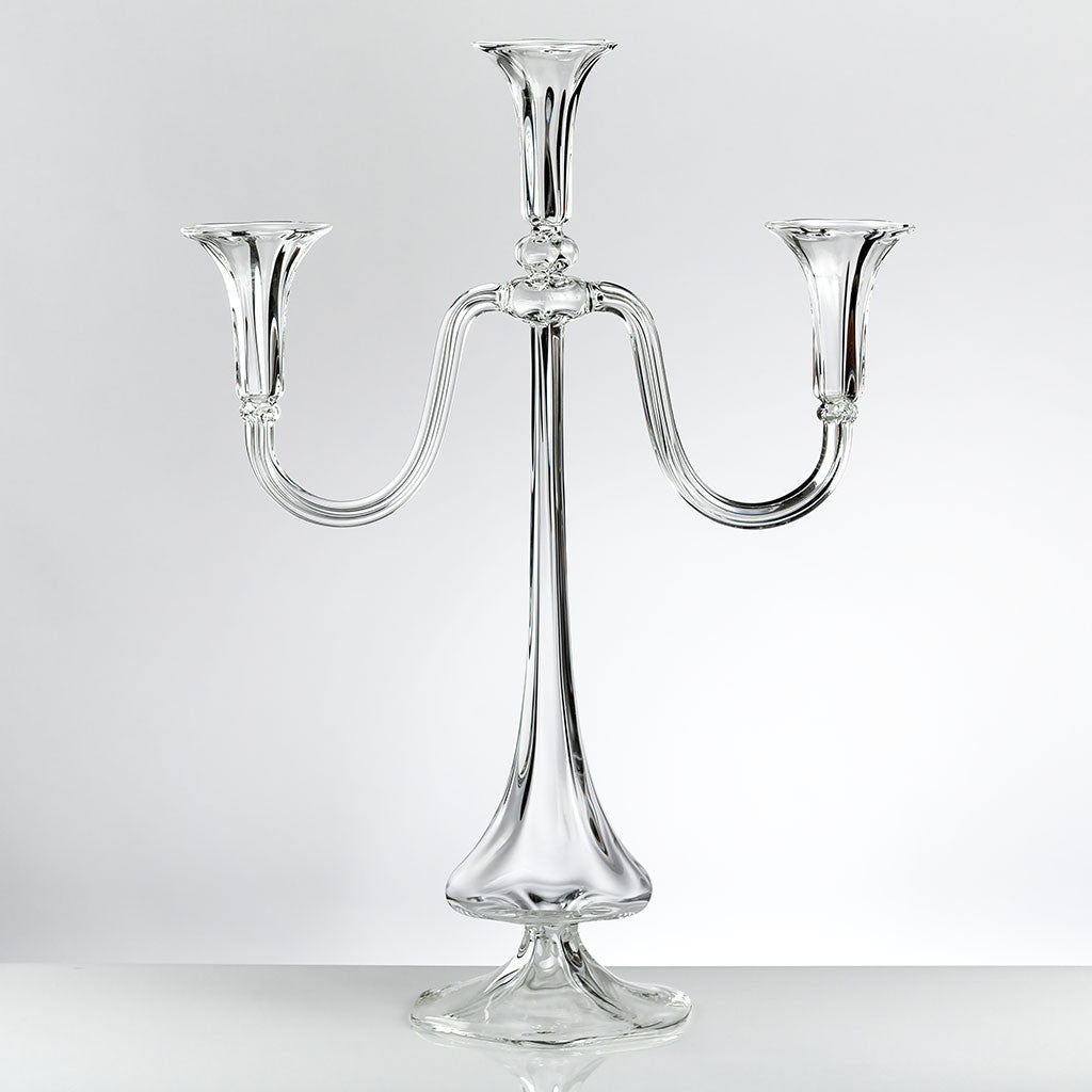 Paul 3 Candles Candelabra – hand-blown optic borosilicate glass candelabra with three arms, Height 530 mm, Length 400 mm, Gabriela Seres.